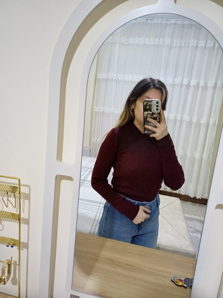 Bordo Balıkçı Yaka Kadın Triko - Görsel 2