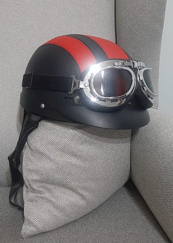 Diger Retro Kırmızı Deri Motosiklet Kaskı - Görsel 3