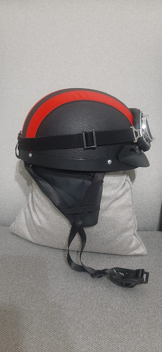 Diger Retro Kırmızı Deri Motosiklet Kaskı - Görsel 4