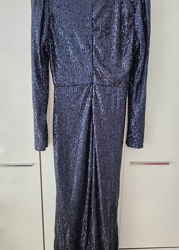 Lacivert Pul/Payet Desenli Uzun Abiye Elbise - Görsel 3