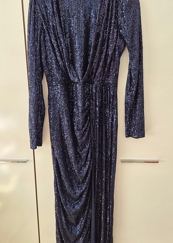 Lacivert Pul/Payet Desenli Uzun Abiye Elbise - Görsel 2