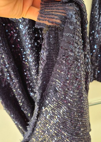 Lacivert Pul/Payet Desenli Uzun Abiye Elbise - Görsel 5