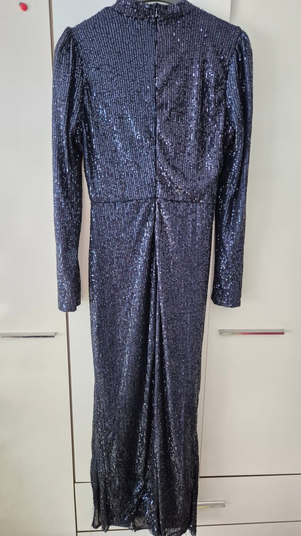 Lacivert Pul/Payet Desenli Uzun Abiye Elbise - Görsel 3