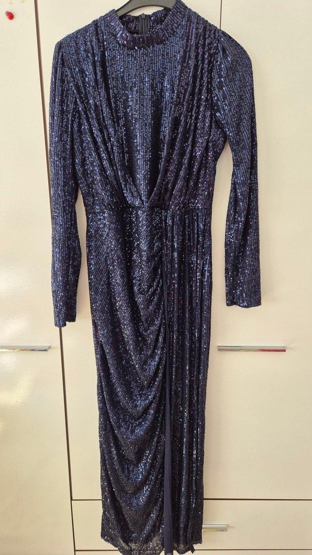 Lacivert Pul/Payet Desenli Uzun Abiye Elbise - Görsel 2