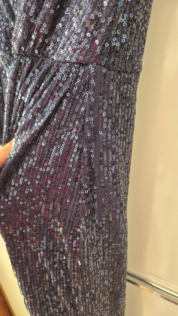 Lacivert Pul/Payet Desenli Uzun Abiye Elbise - Görsel 4