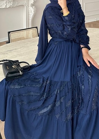 Lacivert Nakışlı Uzun Bohem Abiye Elbise - Görsel 2