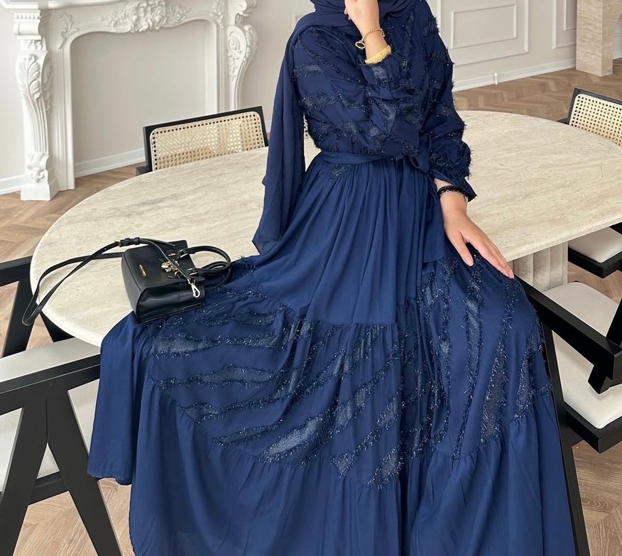 Lacivert Nakışlı Uzun Bohem Abiye Elbise - Görsel 2