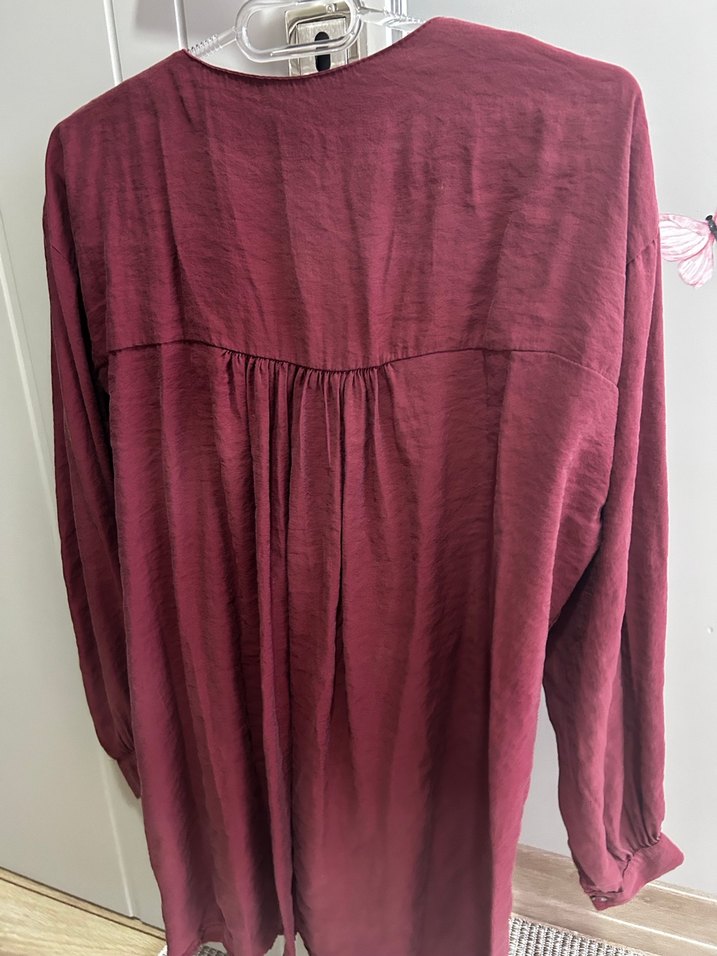 Bordo V Yaka Düğmeli Kadın Gömlek - Görsel 2