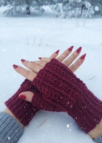 Bordo Örgü Bohem Parmaksız Eldiven - Görsel 2