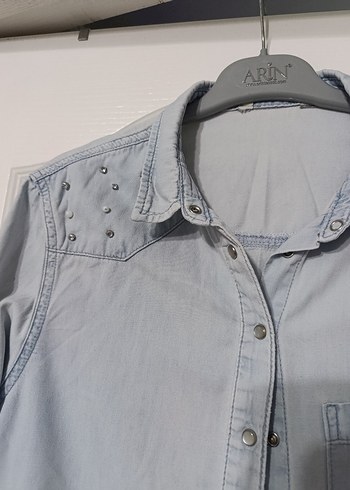 Gri Kot Düğmeli Kadın Gömlek Elbise - Görsel 2