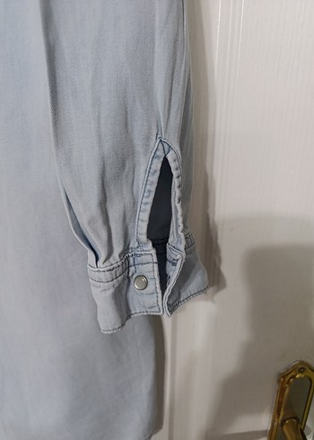 Gri Kot Düğmeli Kadın Gömlek Elbise - Görsel 3