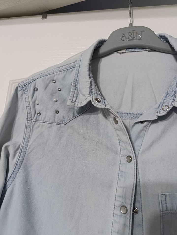 Gri Kot Düğmeli Kadın Gömlek Elbise - Görsel 2