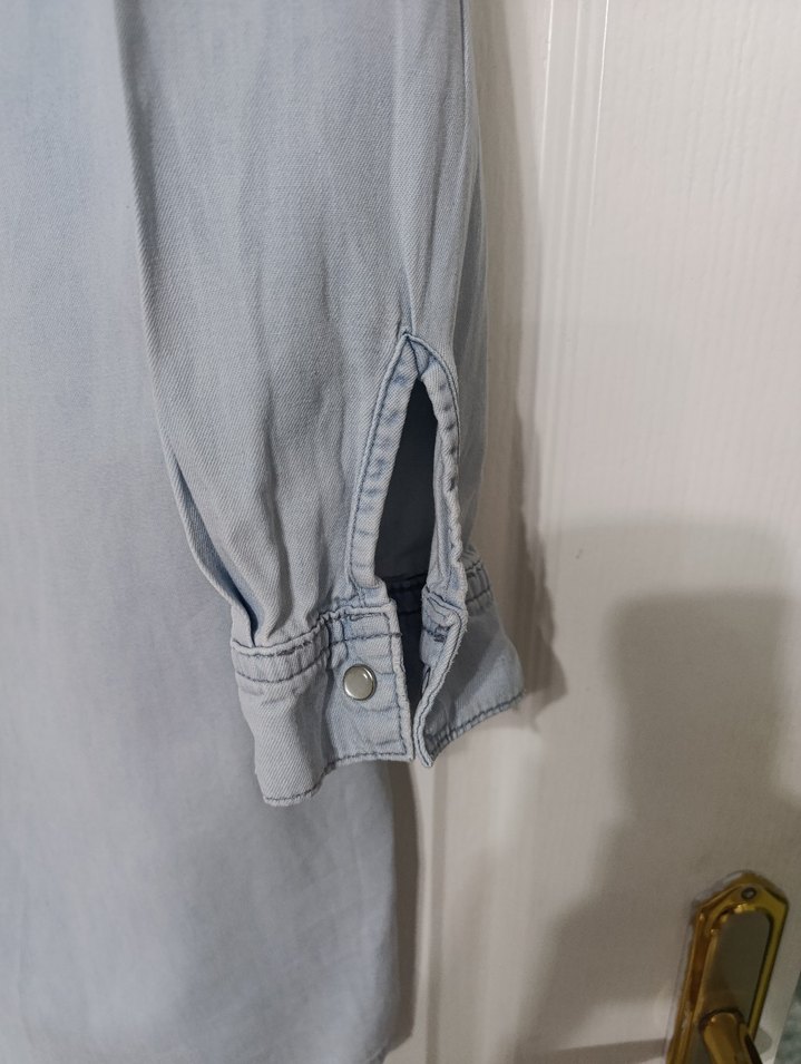 Gri Kot Düğmeli Kadın Gömlek Elbise - Görsel 3