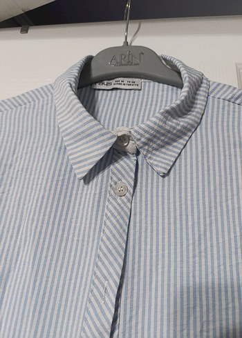 Düğmeli Mavi Çizgili Kadın Keten Gömlek - Görsel 2