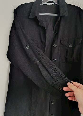 Düğmeli Siyah Keten Midi Gömlek - Görsel 2