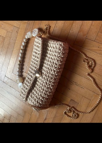 Boncuk Detaylı Bej Örgü Kadın Çanta - Görsel 2