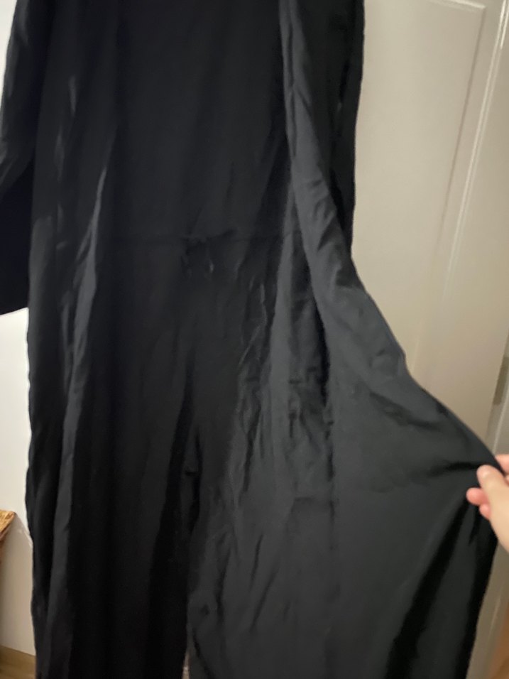 Siyah Uzun Keten Düğmeli Kadın tulum Elbise - Görsel 2