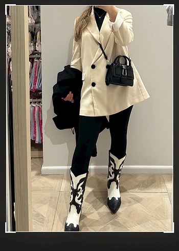 Kadın Beyaz Siyah Desenli Deri Kovboy Çizmesi - Görsel 2