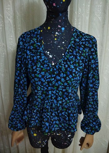 Mavi Pilili V Yakalı Uzun Kollu Bluz - Görsel 3