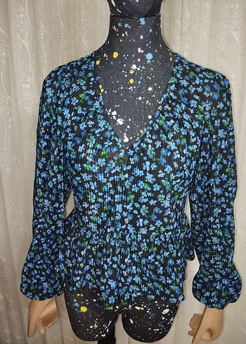 Mavi Pilili V Yakalı Uzun Kollu Bluz - Görsel 4