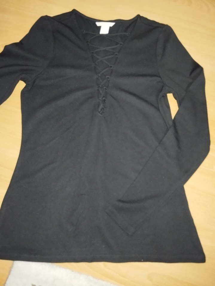 Siyah V Yakalı Uzun Kollu Kadın Bluz - Görsel 2