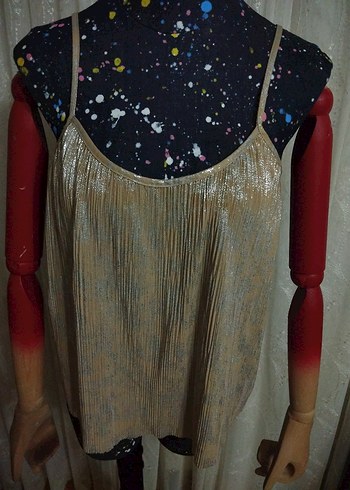 Parlak Bej Pilili Bohem Mini Bluz - Görsel 6