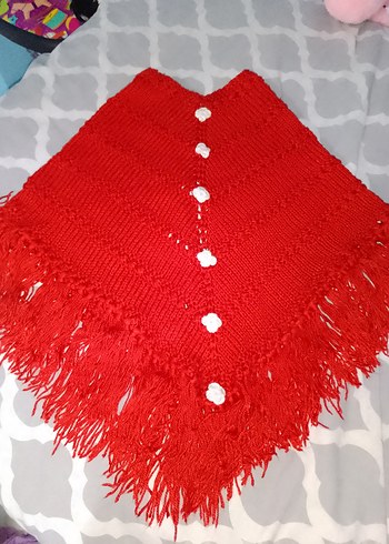 Kız Çocuk Kırmızı Örgü Panço - Görsel 3