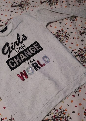 11-12 Yaş Beden gri Renk Kız Çocuk Gri Pamuklu Uzun Kollu Sweatshirt