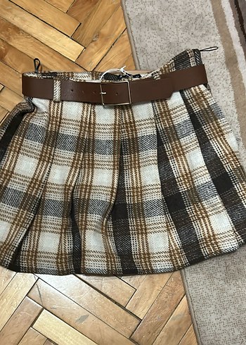 XL Kahverengi Ekoseli Kemerli piliseli  mini Etek - Görsel 2