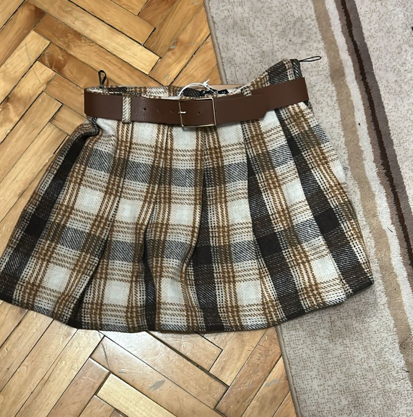 XL Kahverengi Ekoseli Kemerli piliseli  mini Etek - Görsel 2