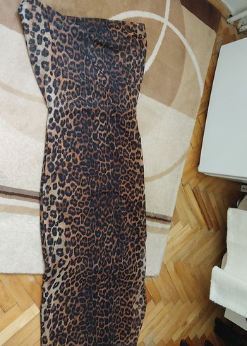Kahverengi Leopar Desenli Uzun Kalem Elbise