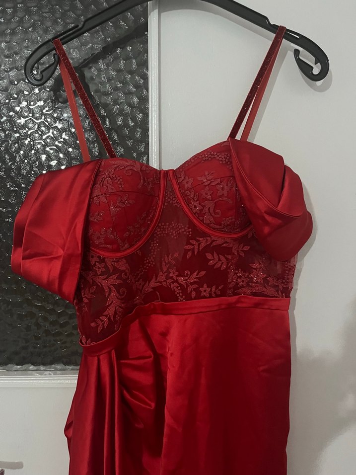 Kırmızı Desenli Drapeli Uzun Abiye Elbise - Görsel 2