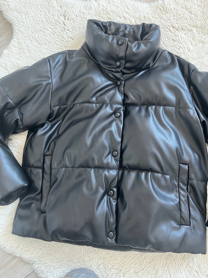 Suni stradawayrus Kürklü Siyah Deri Kadın Mont - Görsel 5