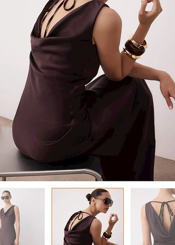 Kahverengi İnce Askılı Uzun Elbise - Görsel 2