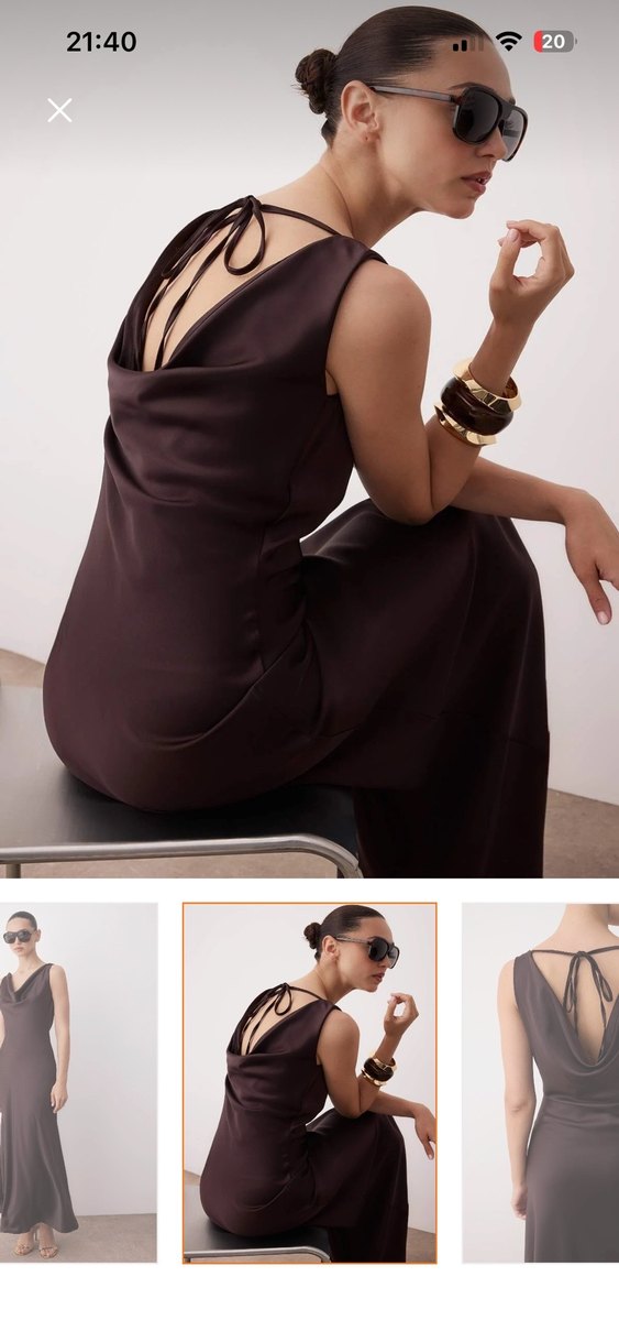 Kahverengi İnce Askılı Uzun Elbise - Görsel 2