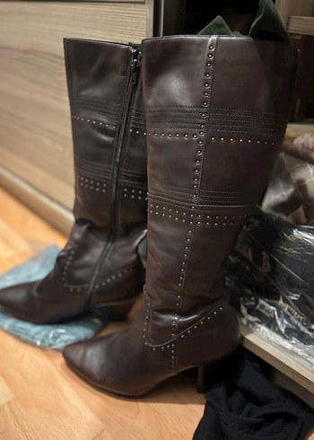 Kahverengi Tokalı Kadın Dizüstü Deri Bot - Görsel 5