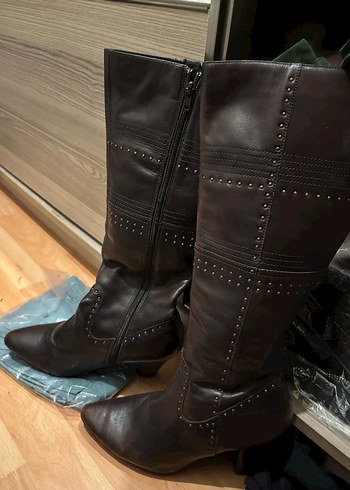 Kahverengi Tokalı Kadın Dizüstü Deri Bot - Görsel 3