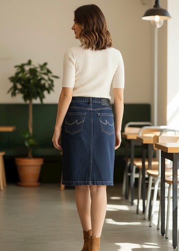 Düz Kesim Midi Kot Etek - Görsel 2