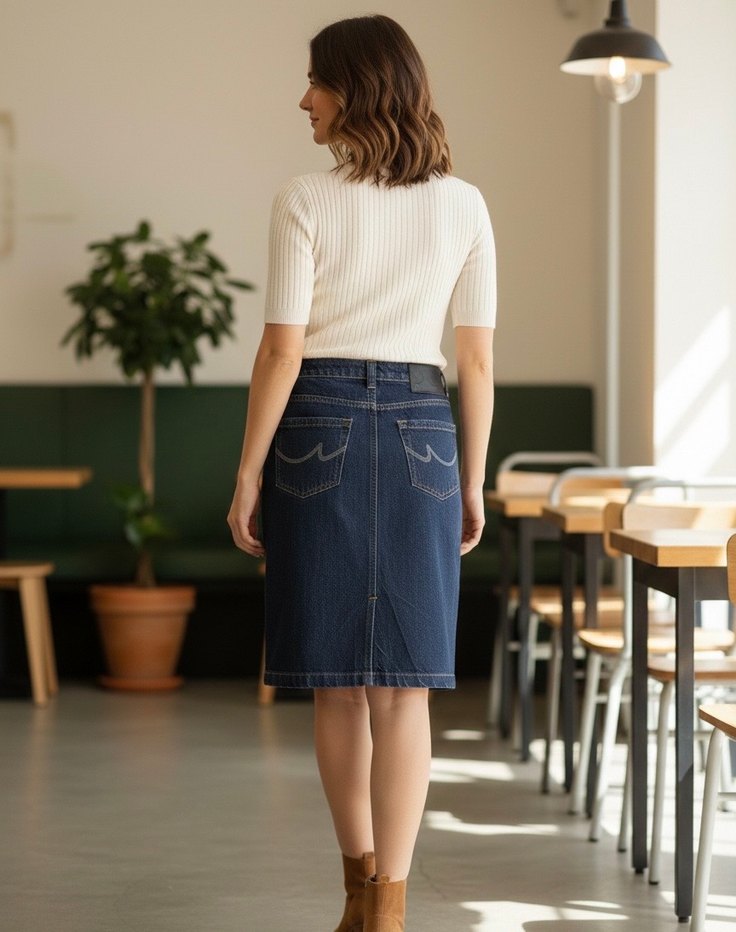 Düz Kesim Midi Kot Etek - Görsel 2