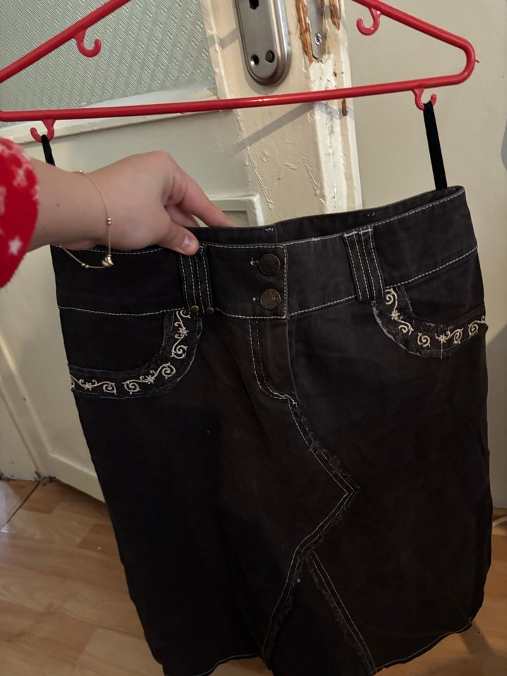 American vintage Nakışlı Siyah Kot etek  - Görsel 5