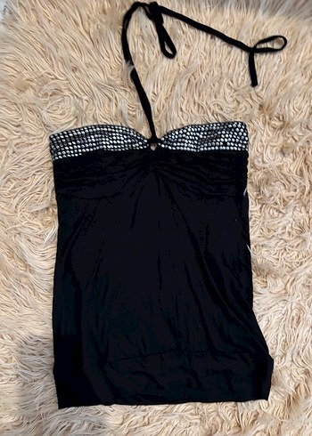 Işıltılı Yaka Detaylı Boyundan Bağlamalı Siyah Bluz - Görsel 3