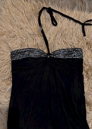 Işıltılı Yaka Detaylı Boyundan Bağlamalı Siyah Bluz - Görsel 4