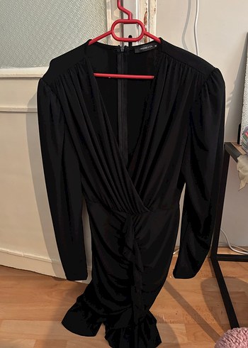 Siyah Drapeli Uzun Kollu V Yaka Elbise - Görsel 3