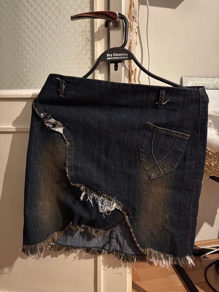 American vintage  Batik Desenli Salaş Mini Kot Etek - Görsel 3