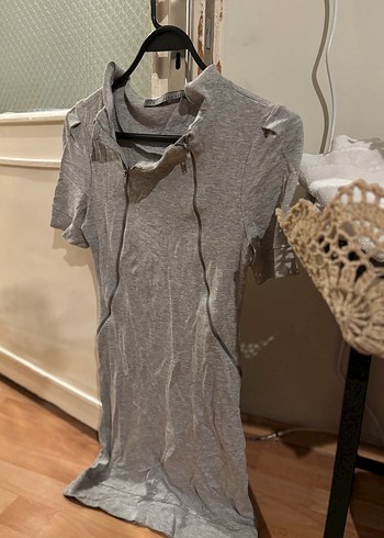 Zara Gri Mini Kısa Kollu Fermuarlı Elbise - Görsel 5