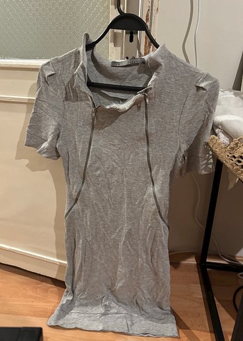 Zara Gri Mini Kısa Kollu Fermuarlı Elbise - Görsel 2