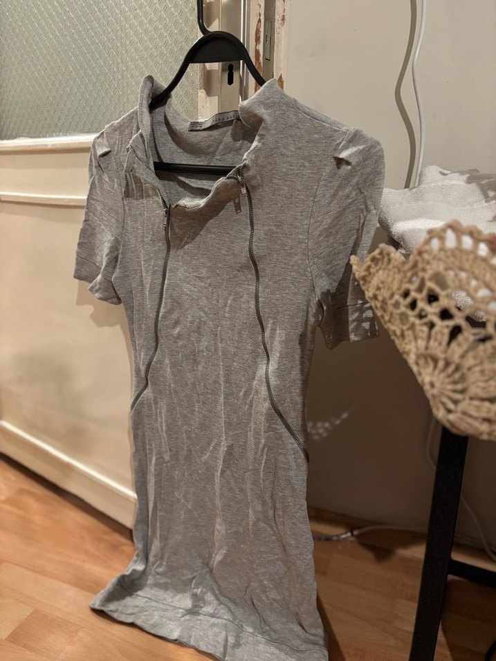 Zara Gri Mini Kısa Kollu Fermuarlı Elbise - Görsel 5