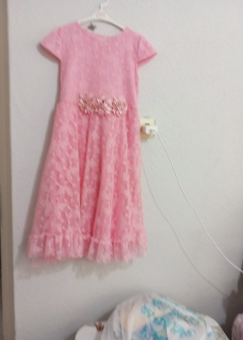 9 Yaş Beden pembe Renk Kız Çocuk Pembe Dantel İşlemeli Elbise