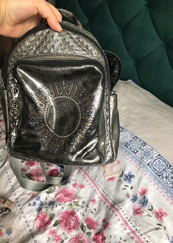 Gri Yılan Desenli Deri Biker Kadın Çanta - Görsel 2