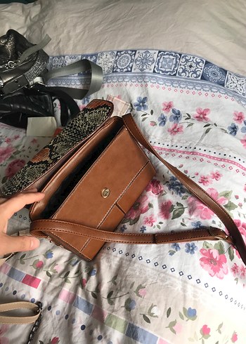 Kahverengi Deri Yılan Desenli Kadın Clutch Çanta - Görsel 3
